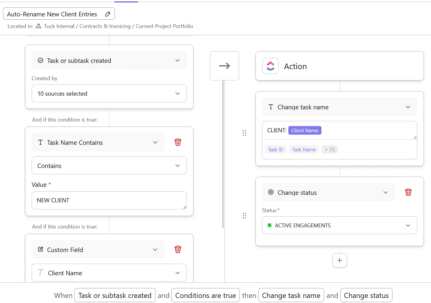 Task_Automations ClickUp<br />
Automations can now include conditions for specific language in task names or when a name was changed, and actions to change a task's name, unlocking all sorts of powerful new workflows.