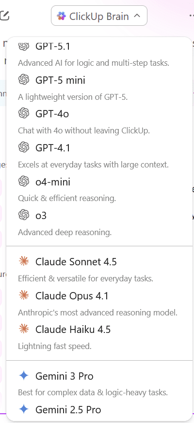 A screenshot showing the different LLMs available in ClickUp AI.