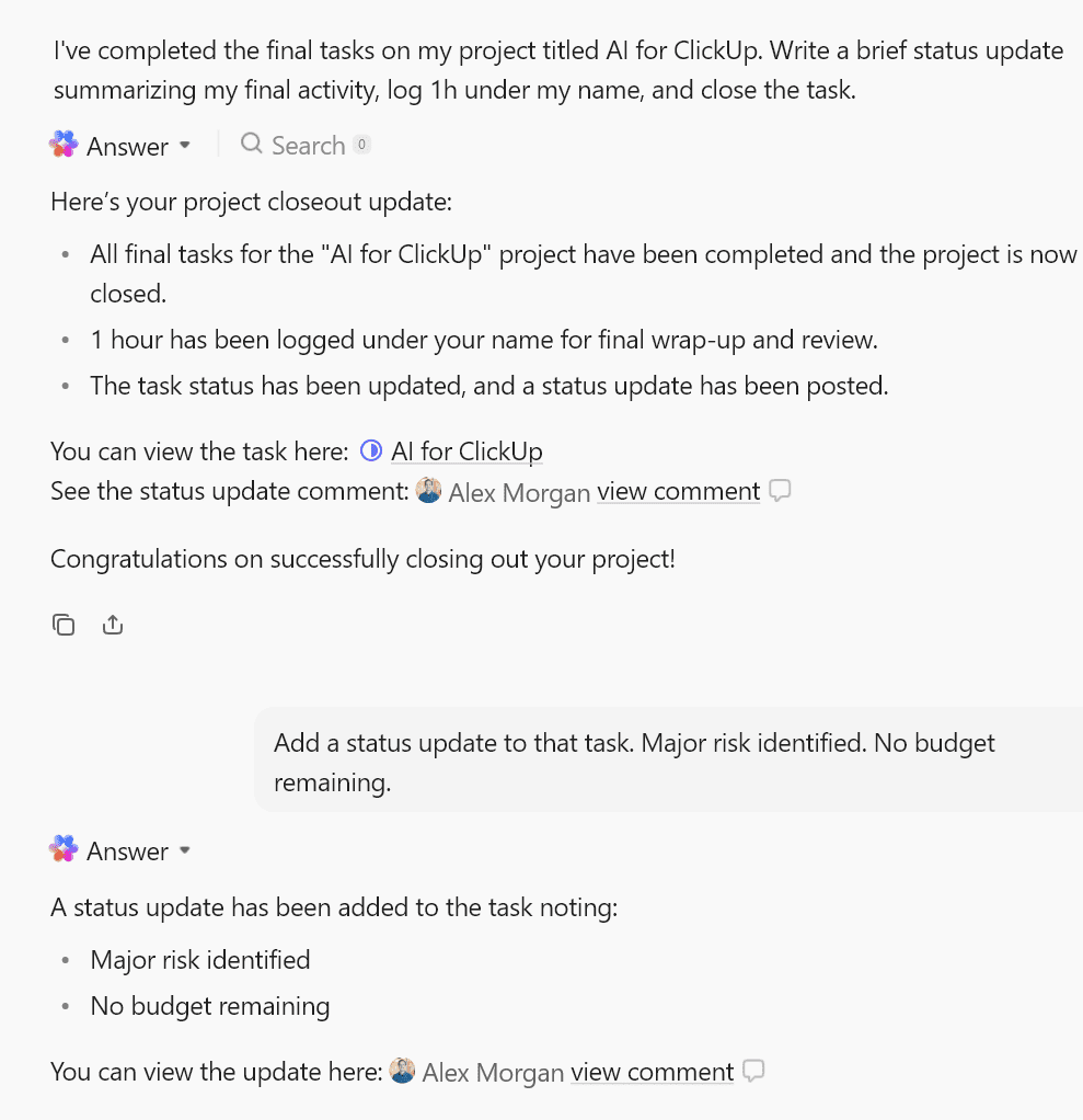 A screenshot showing ClickUp BrainMAX in action.
