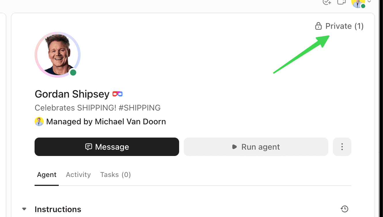 A screenshot with a green arrow showing how to mark something as private in your ClickUp AI agent.