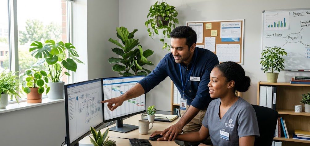 project manager with healthcare professional 