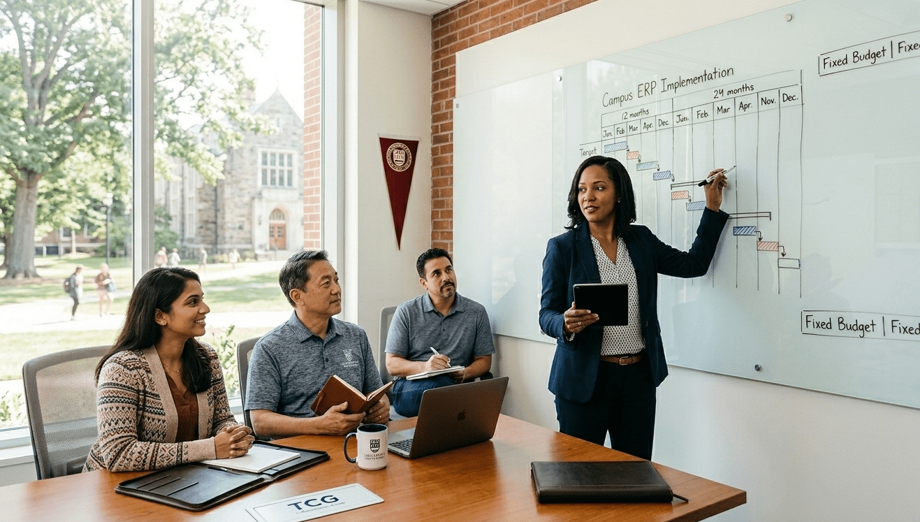 project managers working on a whiteboard with other education professionals.